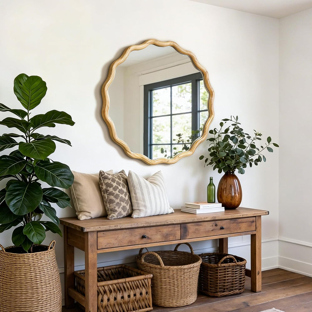 AMOISE Round Wavy Wall Mirror, 28" Circle Boho Scalloped Mirror