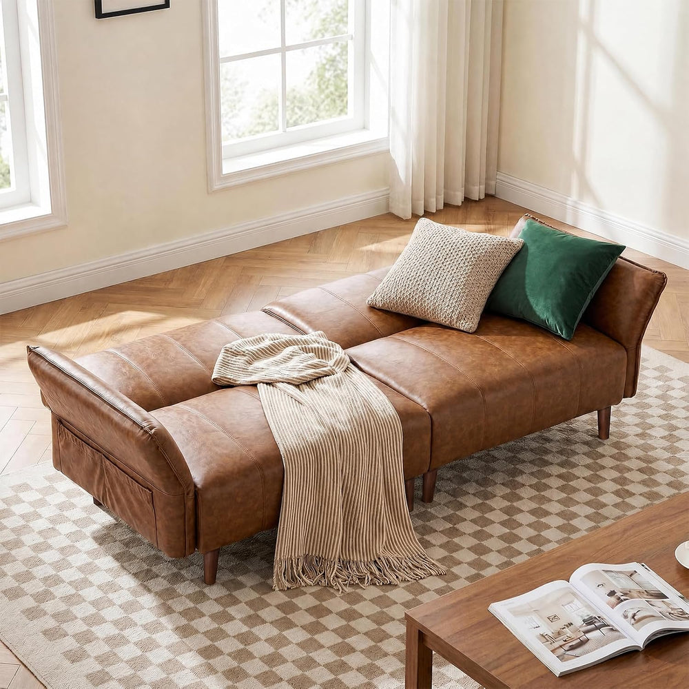 83" Mid Century Modern Futon Sofa Bed, Brown Faux Leather Couch