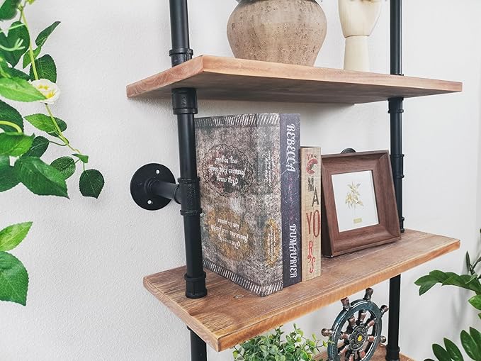 Industrial Ladder Pipe Shelves, Wall Mounted Rustic Bookshelf, Retro Metal Wo...