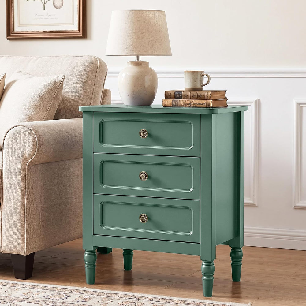 RoyalCraft Nightstand with 3 Drawers, Green Wood Night Stand for Bedroom