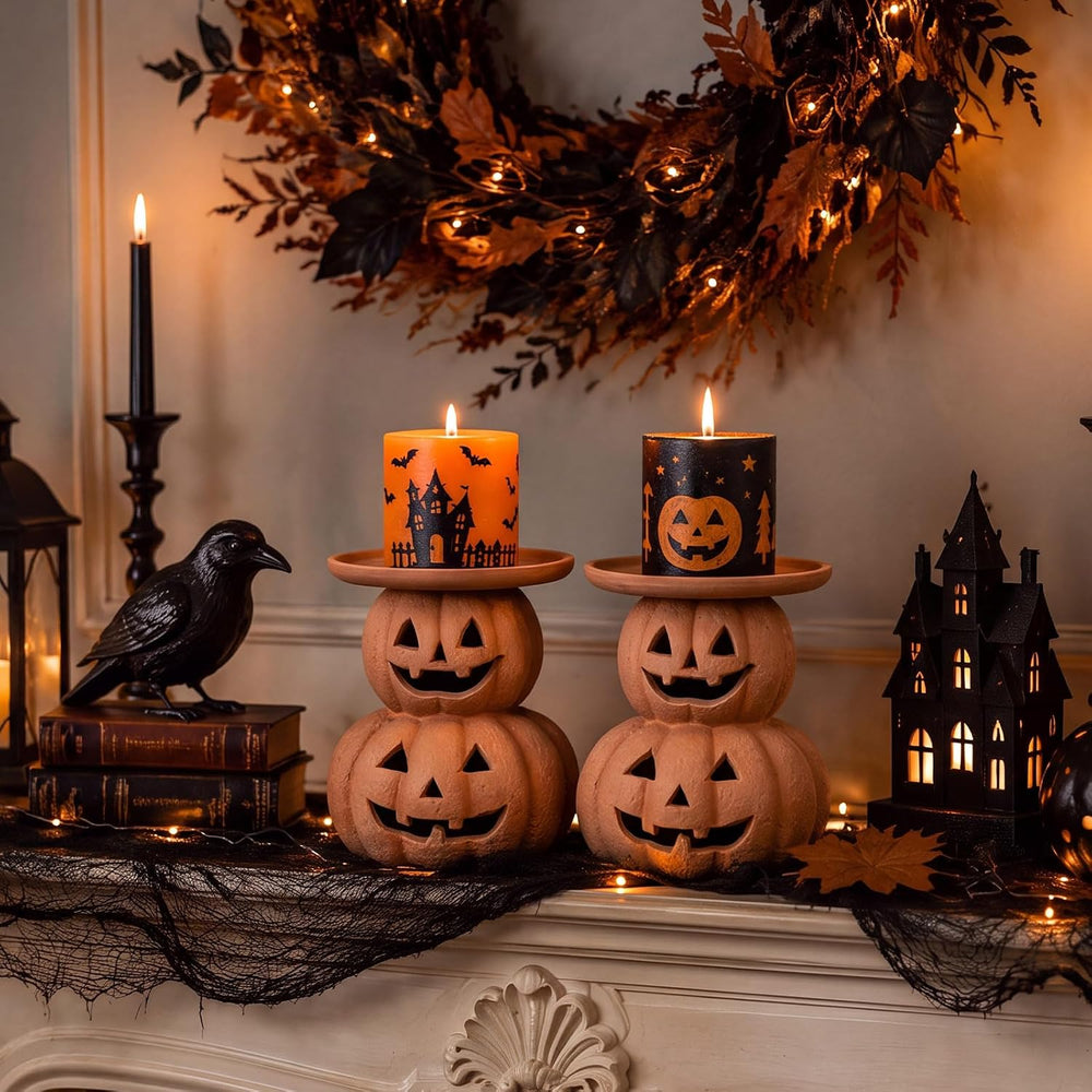2 Pcs Halloween Terracotta Pumpkin Candle Holder Jack O Lantern Table Decor