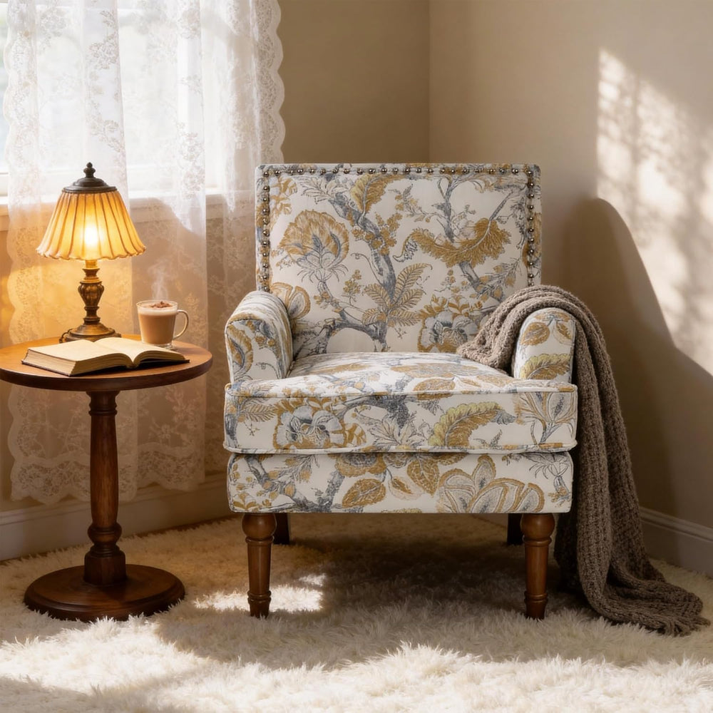 Floral Accent Chair with High Back & Nailhead Trim, Comfy Upholstered Arm...