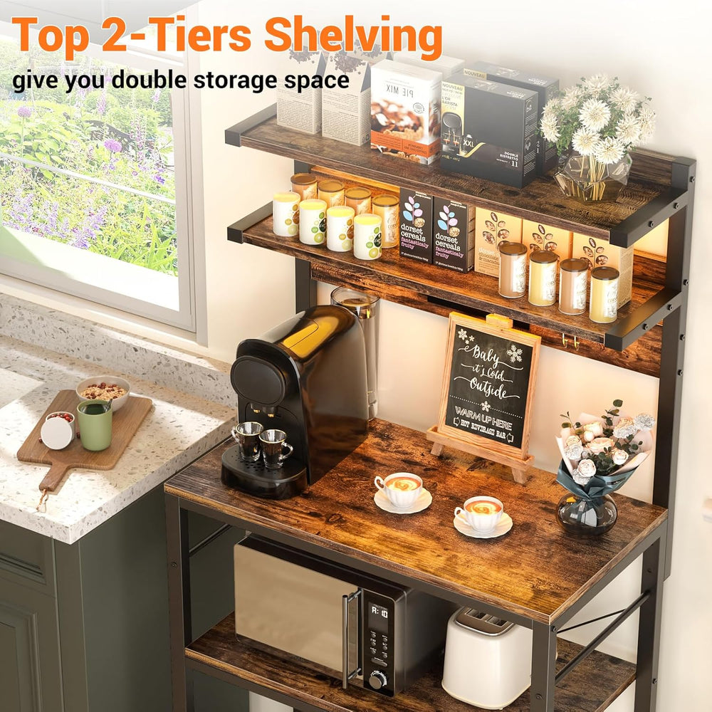 Aheaplus Bakers Rack with Power Outlet, Microwave Stand, 5 Tiers Coffee Bar S...