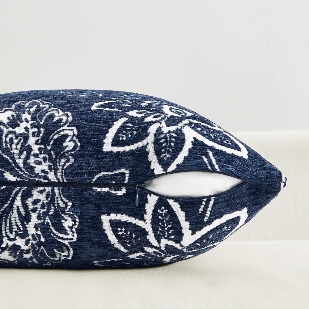 Set of 2 Chenille Floral Pillow Covers 20x20 Inch Navy Blue