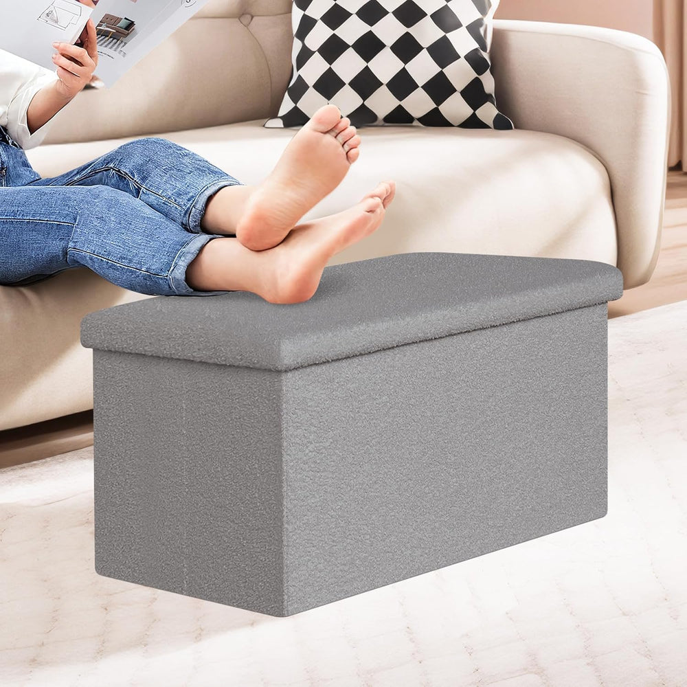 PINPLUS Folding Storage Ottoman Bench, Sherpa Ottoman with Storage, Large Lon...