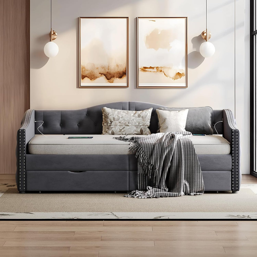 Full Size Daybed with Storage Drawers, Upholstered Daybed