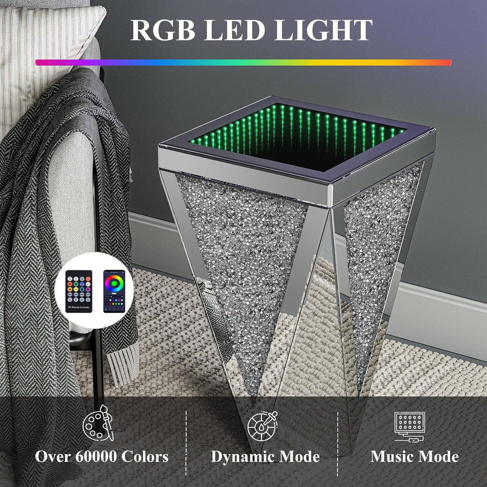 IKIFLY Set of 2 Mirrored End Table with Infinity Lights, Silver Nightstand wi...
