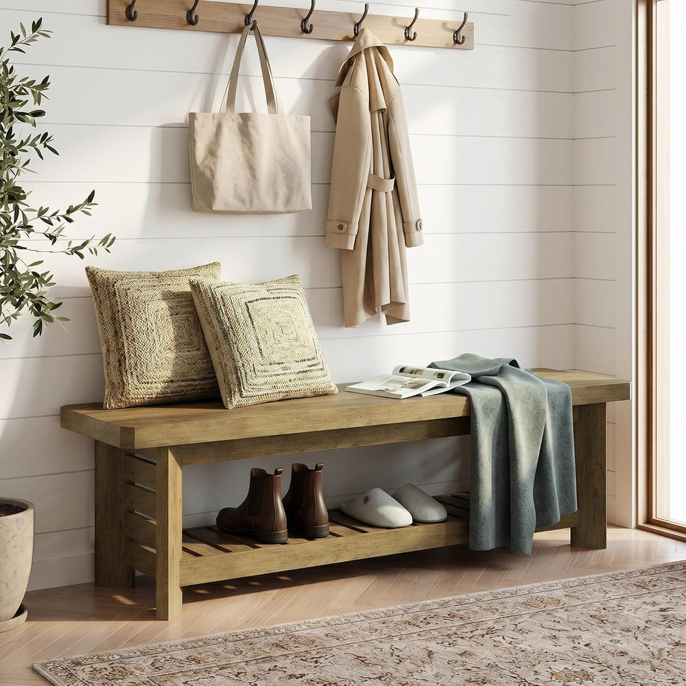 63" Entry Way Bench, Long Wood Entryway Benches for Dining Room Bedroom,...