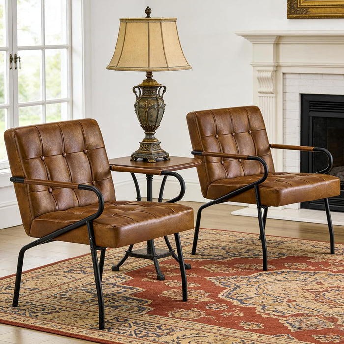 Leather Accent Chair Set of 2, Mid-Century Modern Reading Chairs for Adults Comfy Lounge Armchair with Thick Cushion Metal Frame, 300lbs Capacity, Living Room/Waiting Room/Bedroom/Office, Brown