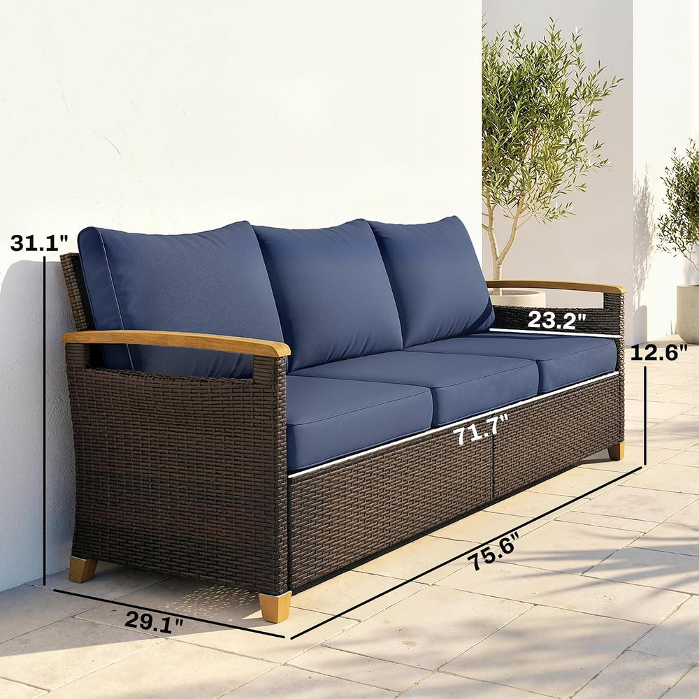 Outsunny 3 Seater Outdoor Couch Sofa PE Wicker 4" Foam Cushions Dark Blue