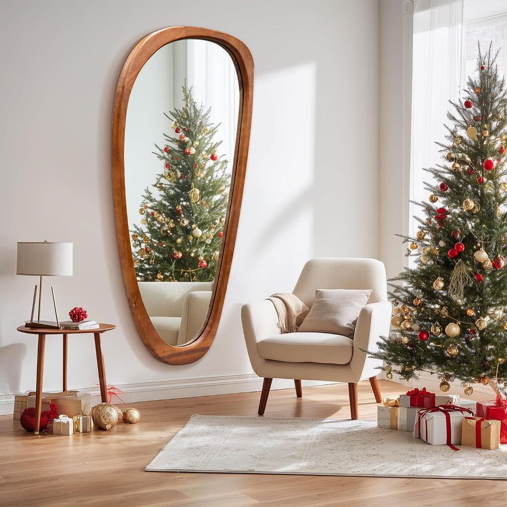 22‘’x48'' Asymmetrical Mirror with Wood Frame, Small Irregular Wall O...