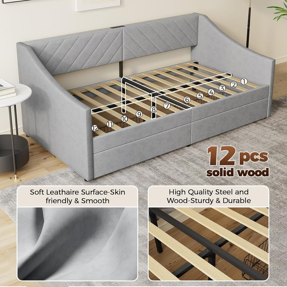 Twin Size Daybed with 2 Storage Drawers, Upholstered Daybed Frame with Chargi...