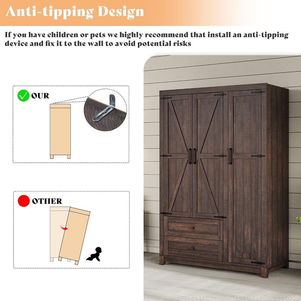 AMERLIFE Farmhouse 3 Door Wardrobe Closet with 2 Drawers & Hanging Rod