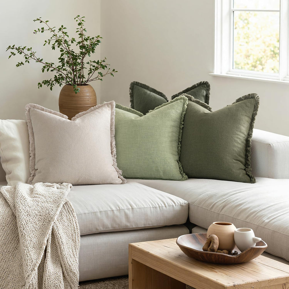 MIULEE Decorative Linen Fringe Throw Pillow Covers 18x18 Beige/Sage Green