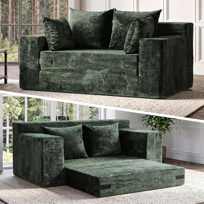 4-in-1 Boneless Sofa Bed, 55 inch Boneless Loveseat with Storage Pocket & 4 Pillows, Plush Velvet Couch for Living Room, Guest Room, Small Space