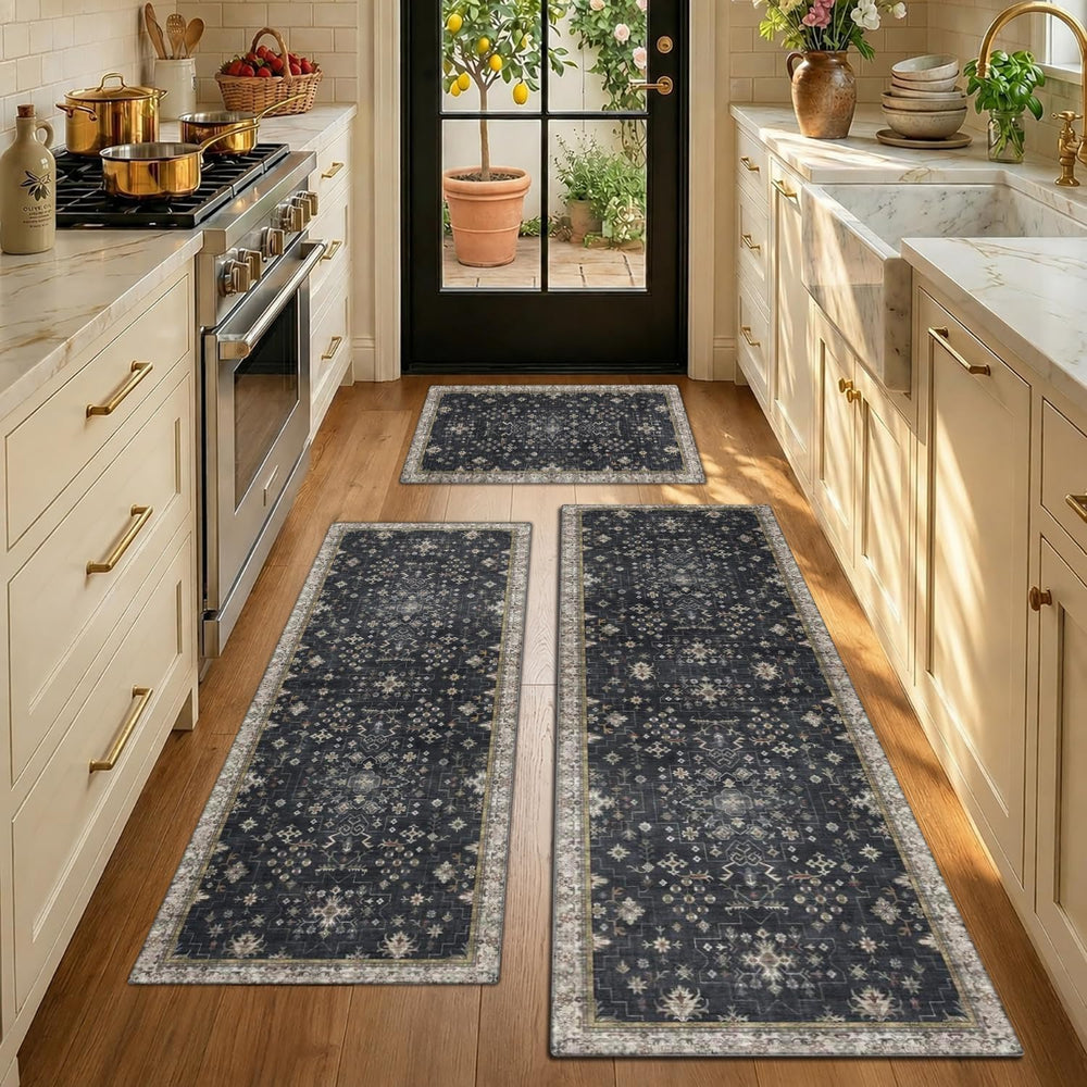 Black Boho Kitchen Rugs Set of 3, Non-Slip Machine Washable Kitchen Floor Mat...
