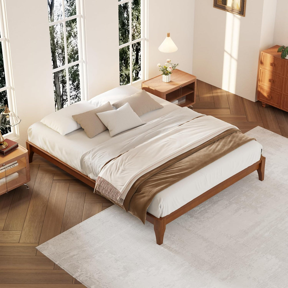 Merax Full Size Mid-Century Solid Bamboo Wood Bed Frame, Brown
