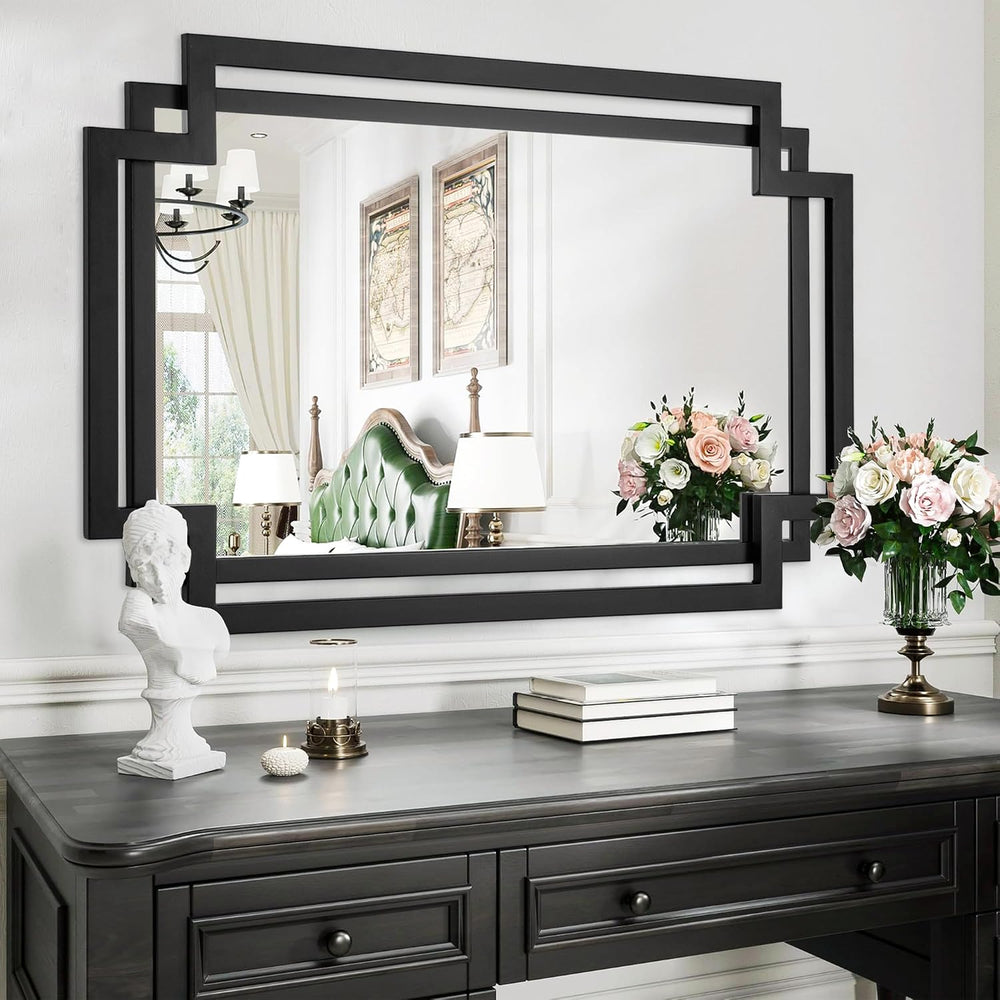 28" x 40" Black Wall Mirror for Decor with Geometric Metal Frame