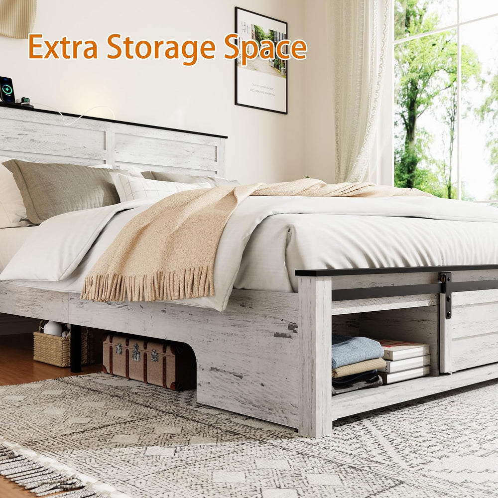 Wooden Full Bed Frame with Headboard, Farmhouse Storage, Barn Door