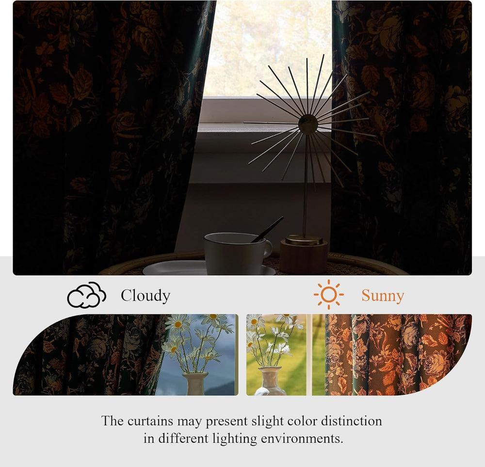 StangH Retro Green Floral Velvet Curtains for Bedroom, W52 x L96, 2 Panels