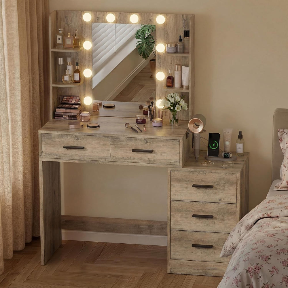 Furmax Makeup Vanity Desk with Mirror and Power Outlet, Vanity with 3 Color L...