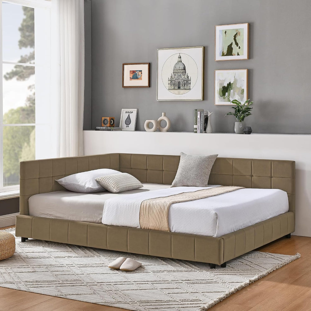 Yoglad Corner Bed Frame Full Size, Velvet Upholstered Daybed with A Backrest ...