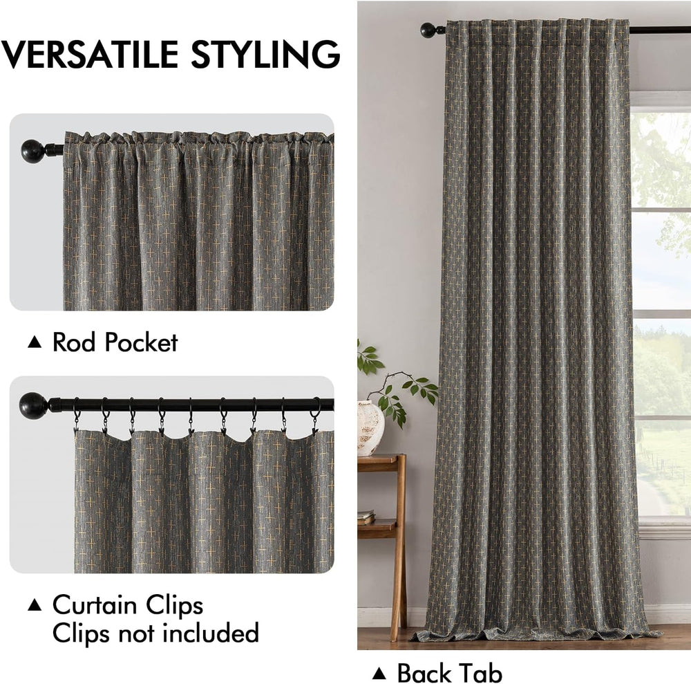 MIULEE Patterned Farmhouse Linen Curtains, Back Tab, 52Wx84L, Dark Grey