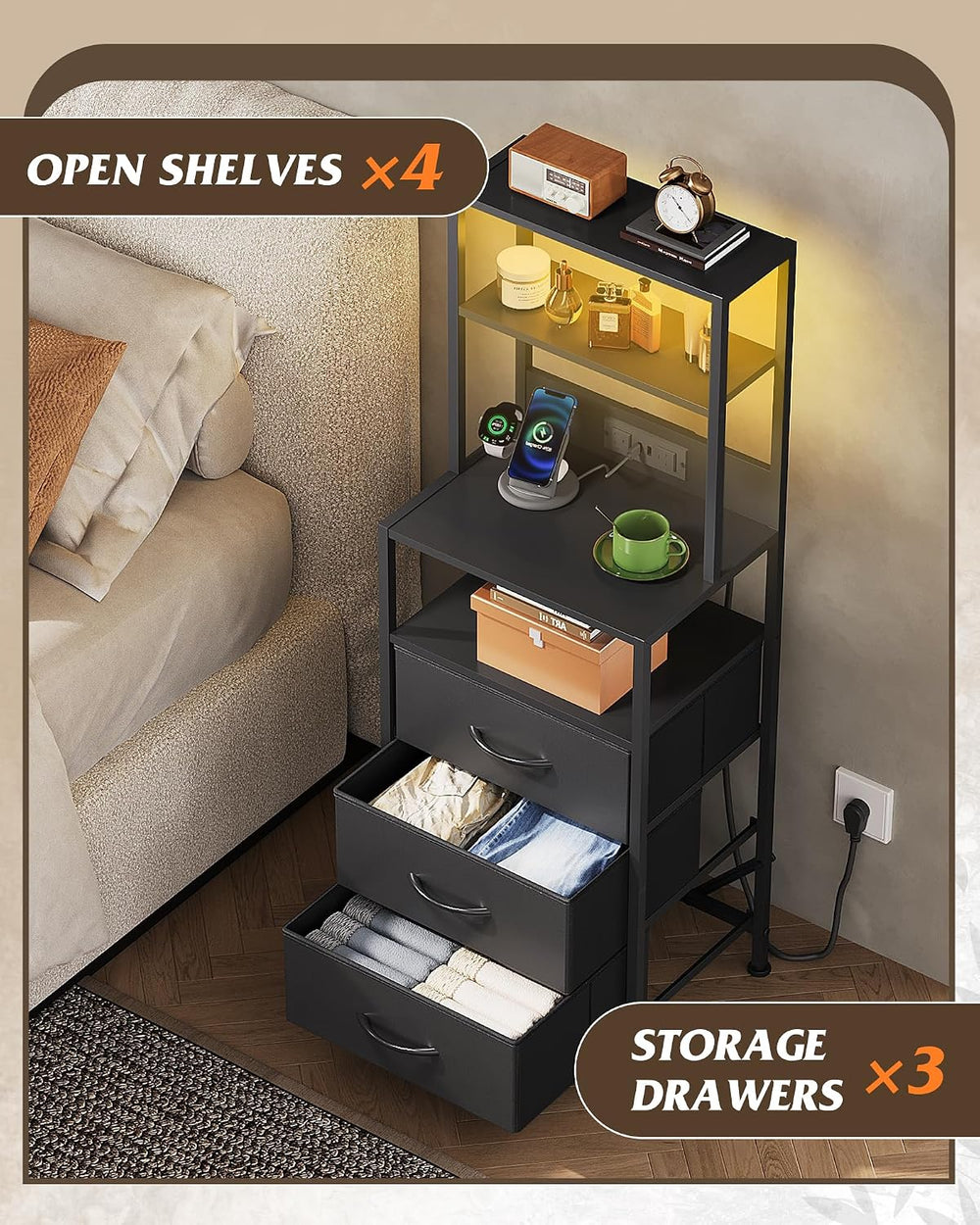 WLIVE Tall Nightstand with Charging Station, LED Night Stand with 3 Fabric Dr...