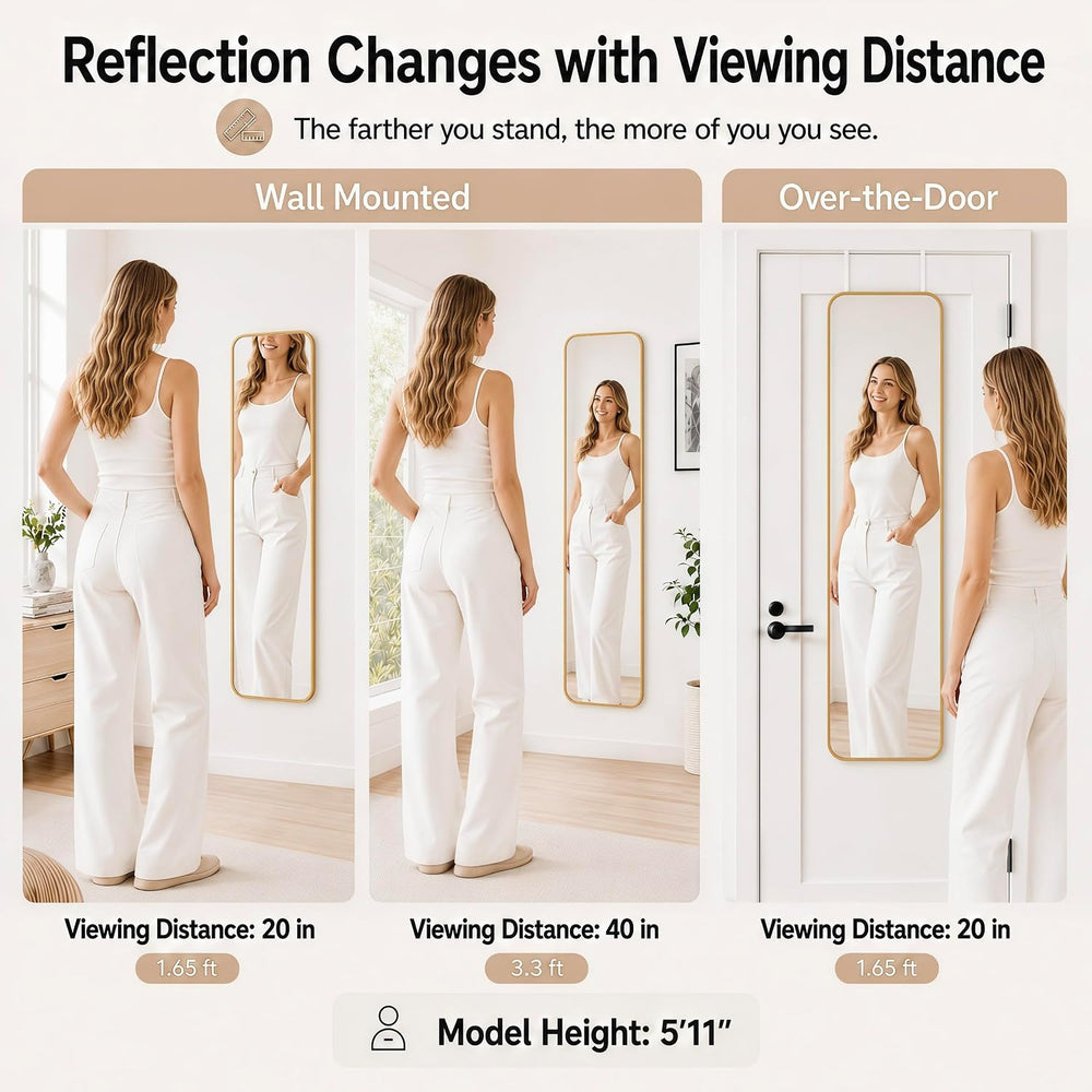 47x14" Full Length Mirror Over the Door Hang or Wall Mounted Gold