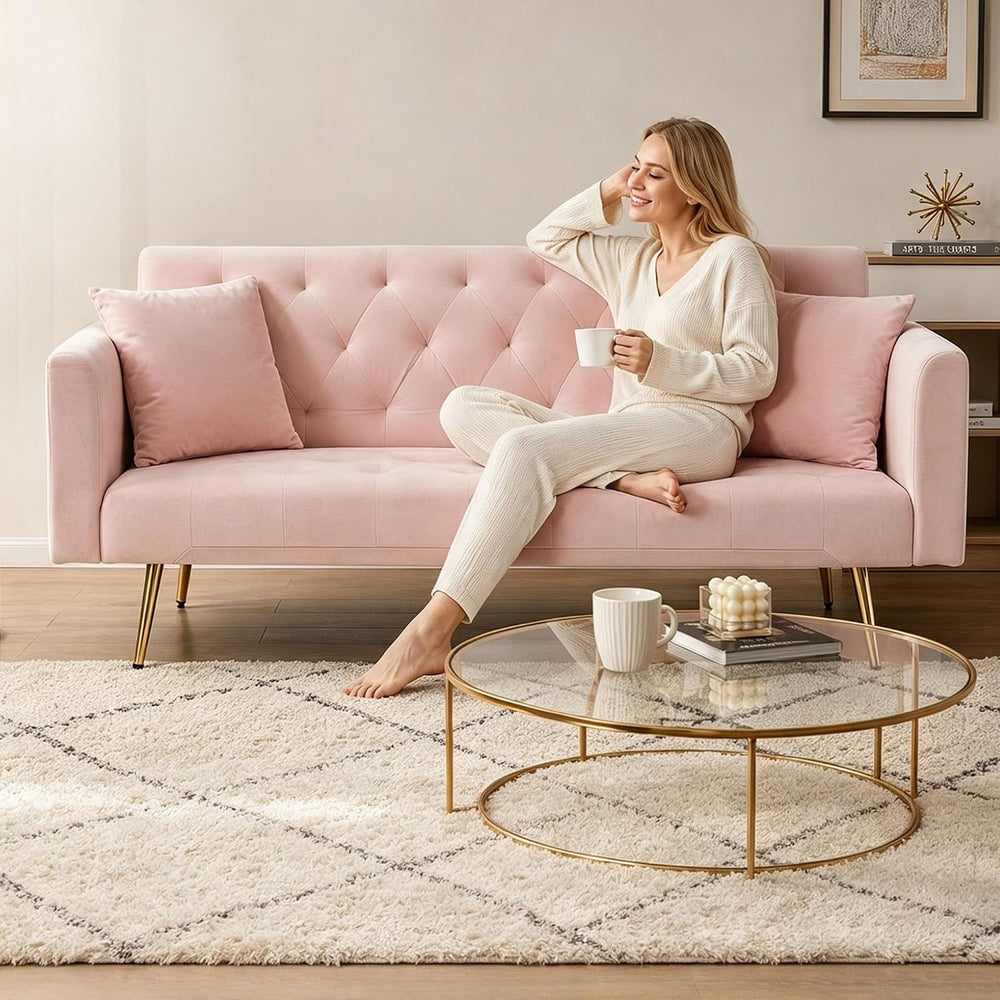 71" Pink Velvet Sofa Bed, Convertible Futon Couch, Adjustable Back