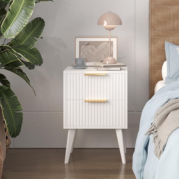 Fluted Nightstand with 2 Drawers,Modern Bedside Table with Metal Handles,Whit...