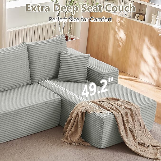 166.9" Cloud Sectional Couch with L-Shape Chaise, Upholstered Corduroy C...