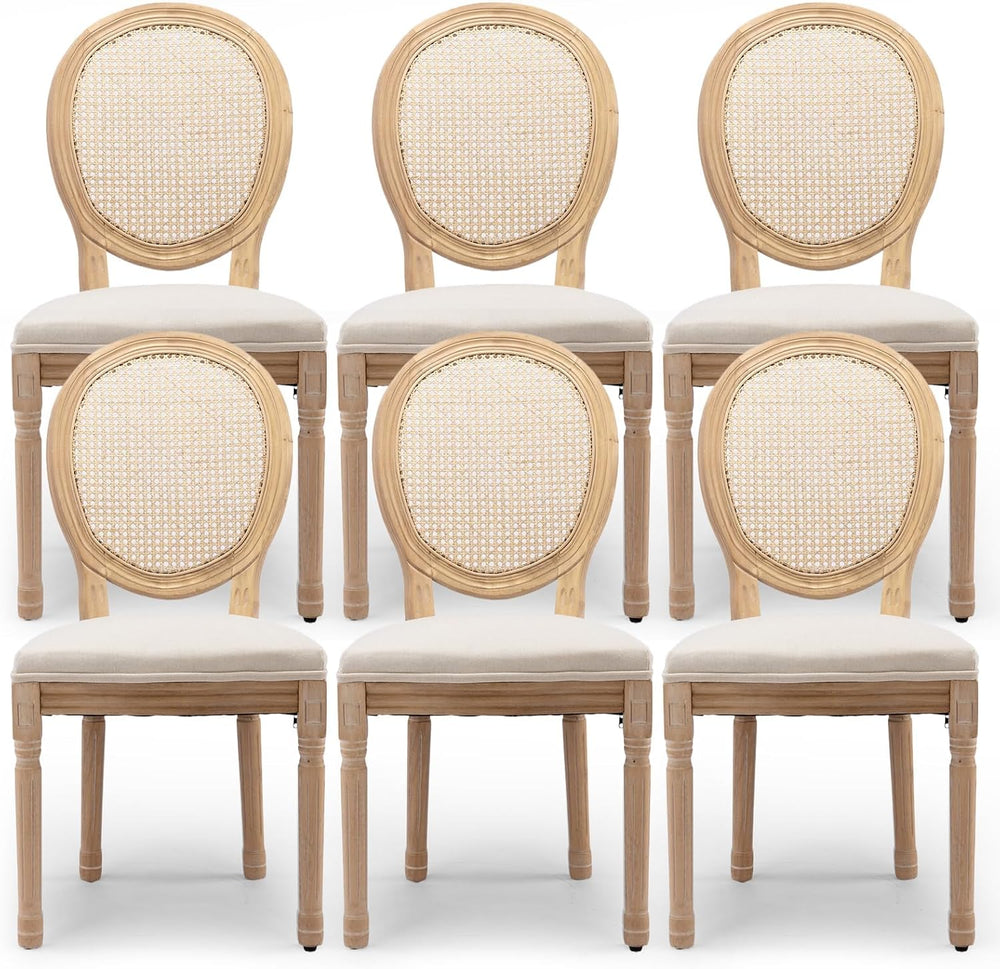 Rattan Back Upholstered Dining Chairs Set of 6 French Country Oval Kitchen Si...