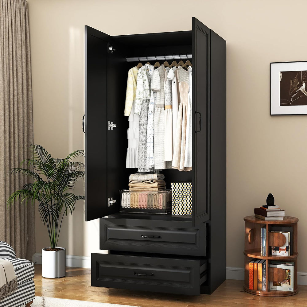 Black Wardrobe Closet with 2 Drawers and 2 Doors, 75" H x 32" W