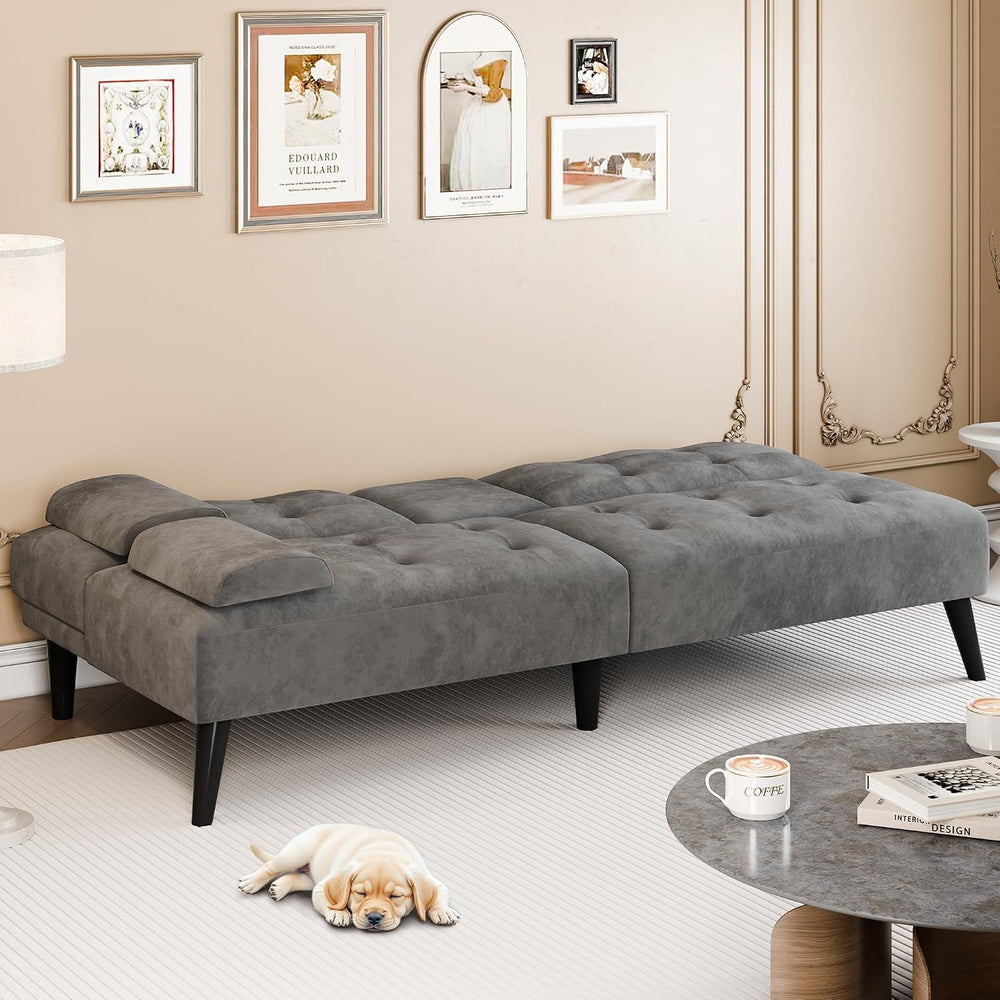 64" Futon Sofa Bed, Small Couch with 2 Cup Holders, Grey