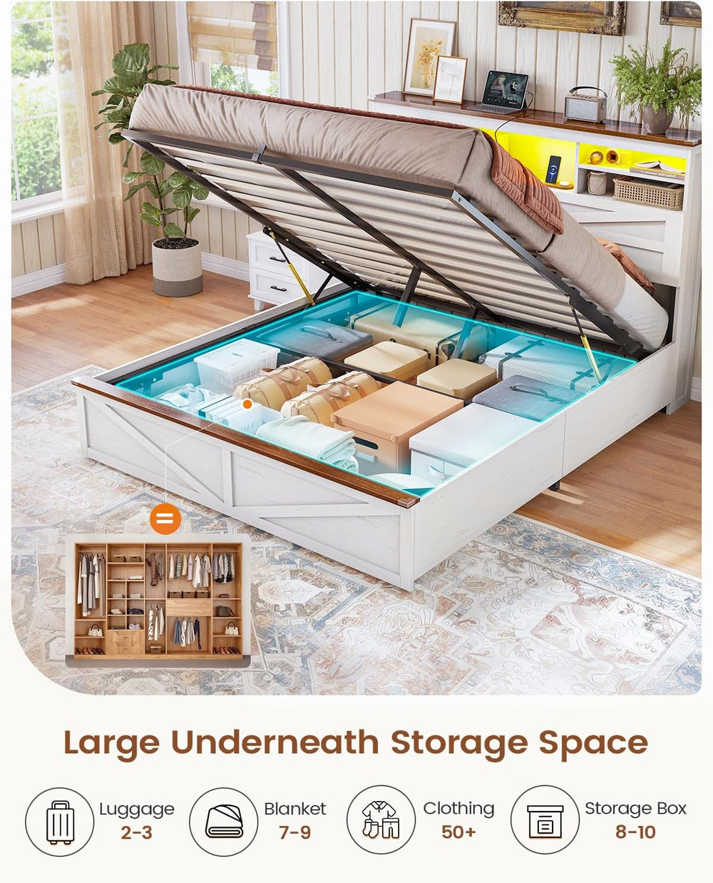 AOGLLATI Farmhouse Full Size Bed Frame with Lift Up Storage,Antique White