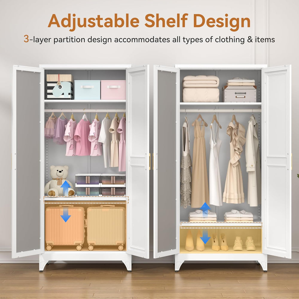 Metal Armoire Wardrobe Closet with Mirror, 71" Tall White Cabinet