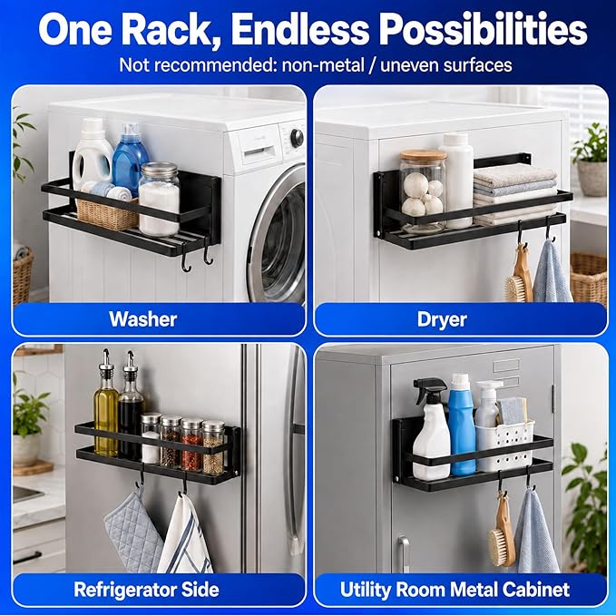 Magnetic Shelf for Washer Dryer, Foldable 2 Tier Metal Organizer Rack