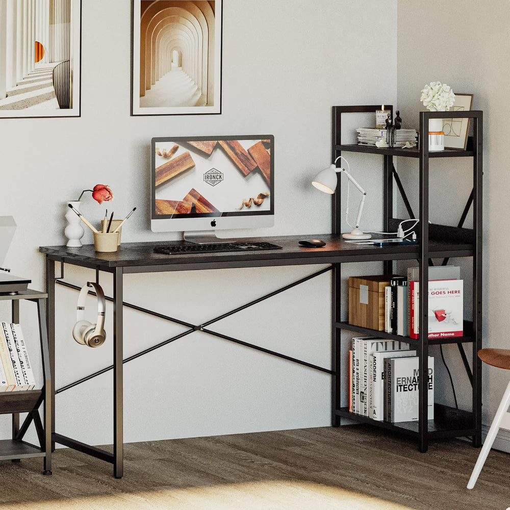 IRONCK Computer Desk 55" with Power Outlet and Storage Shelves, Study Wr...