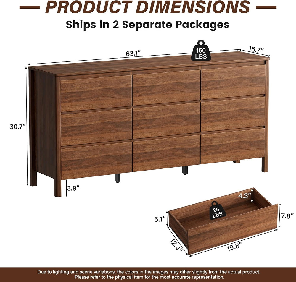63" Wide 9 Drawer Wood Dresser for Bedroom with Legs, Walnut
