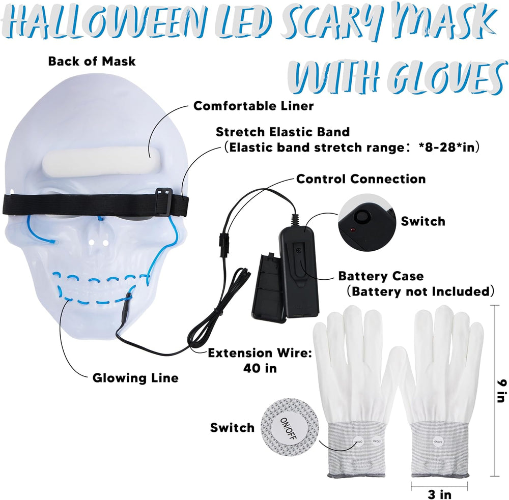 JOYIN Halloween LED Skull Mask with Light Up Gloves, Blue Scary Glow Up Skull...