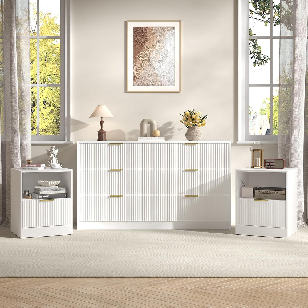 3-Piece Modern Bedroom Furniture Set, White丨6-Drawer Dresser & 1-Drawer N...