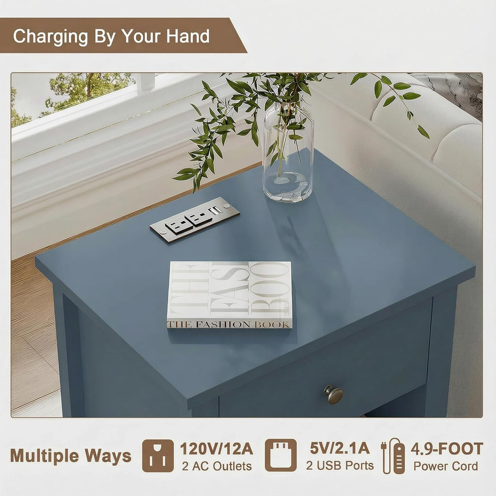 ChooChoo Farmhouse Nightstand with Charging Station Set of 2 | Wooden Top Bed...