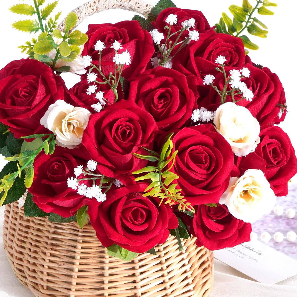 50Pcs Red Roses Artificial Flowers, Real Touch Velvet Fake Roses Bouquet