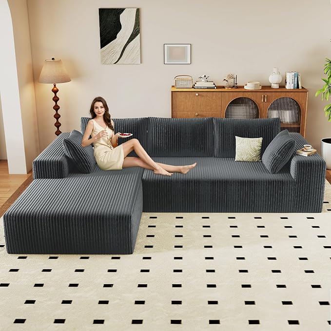 96" Modular Sectional Couch, Boneless L Shaped Cloud Sofa with Chaise Lo...