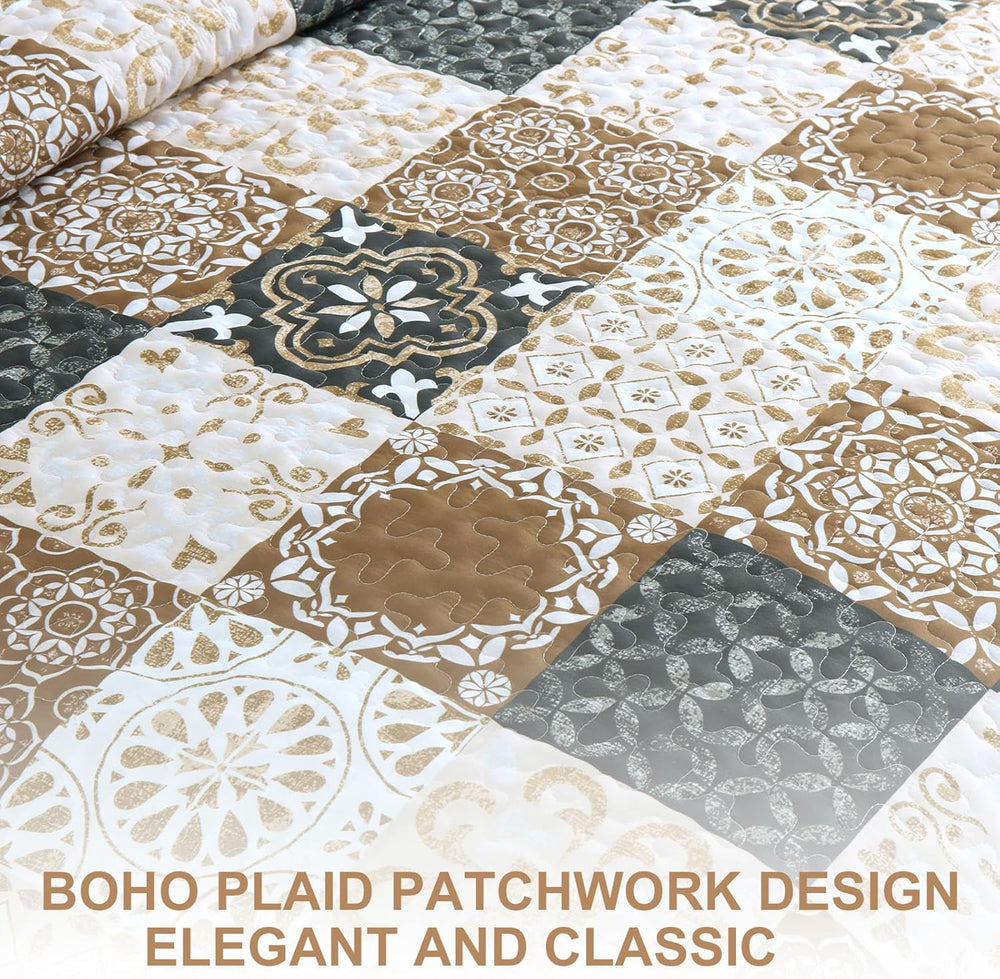 Patchwork Quilt Set King Size, Boho Farmhouse Bedspread Brown