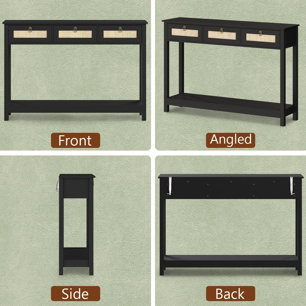 LAZZO 47.3" Rattan Console Table Narrow Entryway Sofa Table with 3 Drawe...