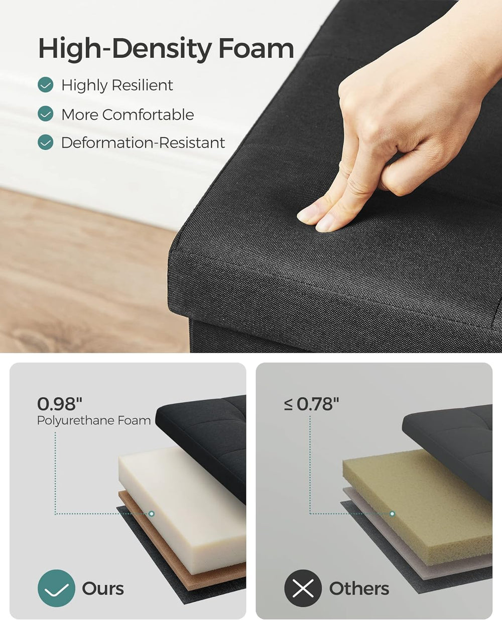 SONGMICS 43.3 Inches Folding Storage Ottoman Bench, Load 660 lb