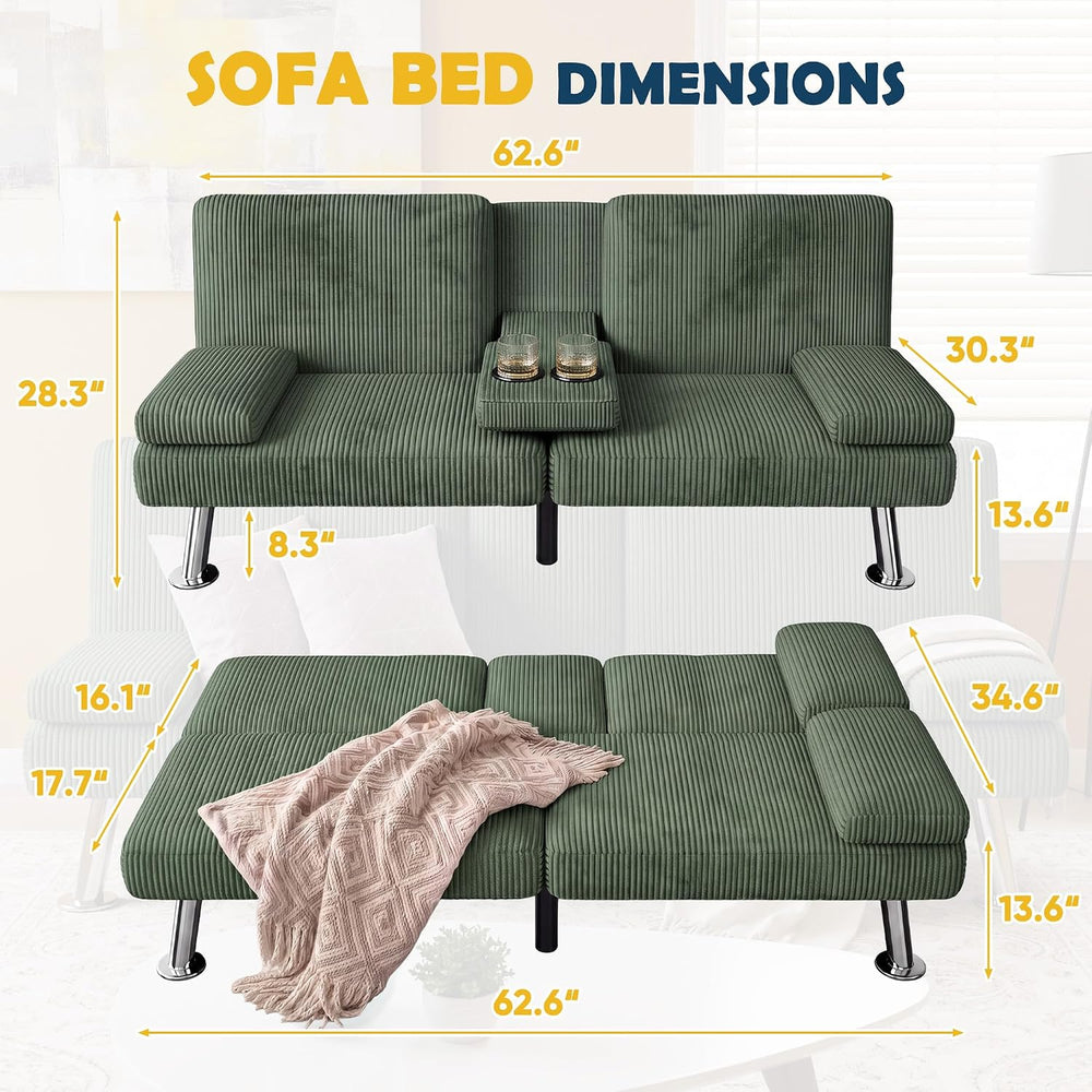 Furmax Convertible Futon Sofa Bed with Adjustable Backrest & 2 Cup Holders
