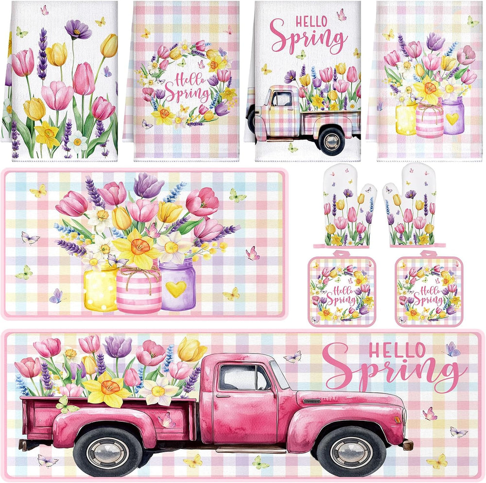 Fourluoo 10 Pcs Spring Flower Farmhouse Kitchen Decor Set Dish Towels Kitchen